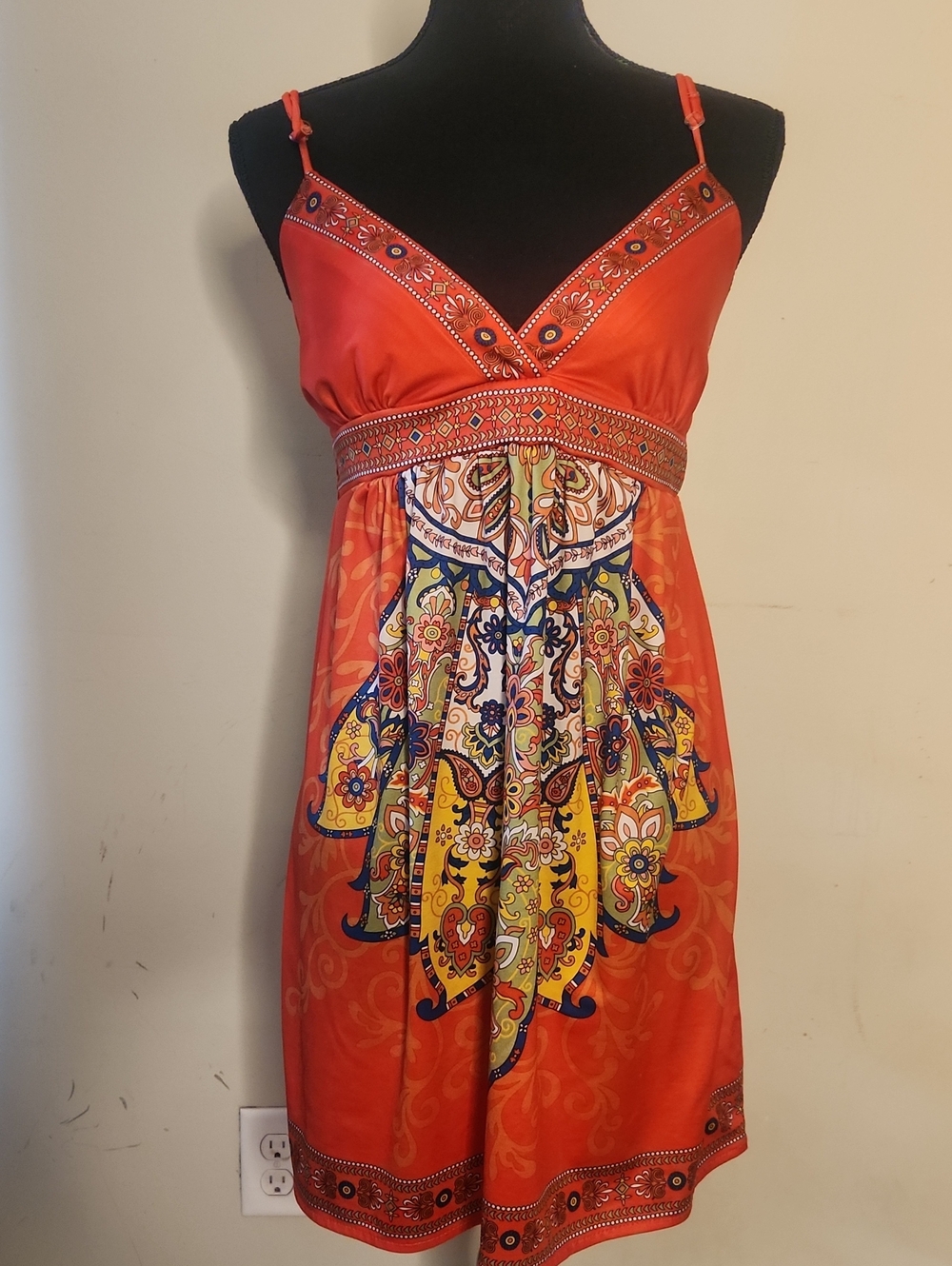 Y2K Red Paisley Print Western Boho  Empire-Waist Mini Sundress